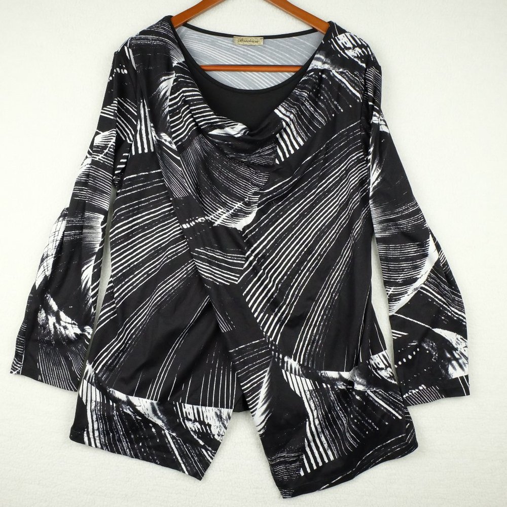Vintage Womens Shirt Top Large Black White Geometric Lagenlook Flowy Stretchy